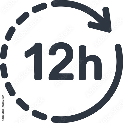 A simple dark gray icon showing twelve hours inside a circular dotted arrow loop