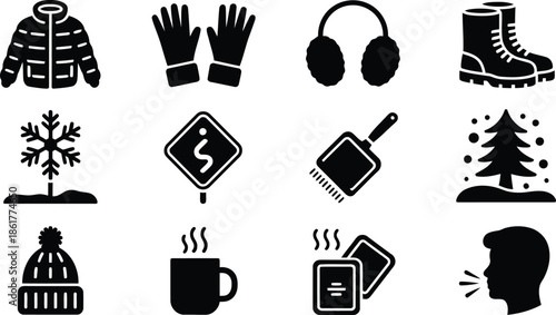 A versatile collection of black glyph icons representing winter clothing, outdoor elements, and seasonal accessories