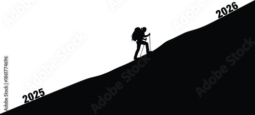 Black silhouette of hiker with backpack climbing uphill towards 2026 showing progress and career growth isolated on a white background