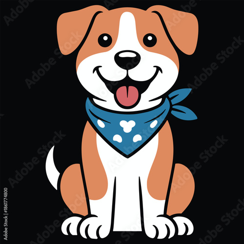 Happy Cartoon Dog with Blue Bandana on Black Background