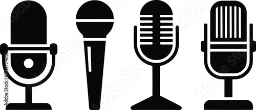 Distinct black microphone silhouettes displayed as a versatile group for sound and voice capture