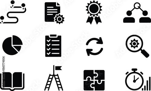 Diverse black glyph icons conveying concepts of business planning data analysis and time management on white