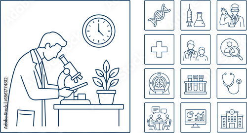Medical research laboratory illustration, scientist using microscope with healthcare icons, biology chemistry diagnostics concept, modern line vector design set