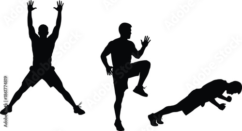 Black silhouettes of a man performing fitness exercises including jumping jacks high knees and mountain climbers isolated on white background
