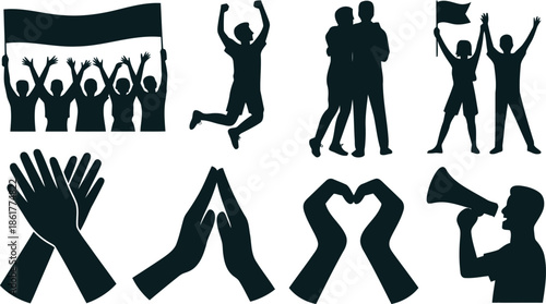 Diverse black icons representing human emotions, social interactions, and collective actions