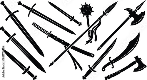 Medieval weapons silhouettes set, swords axes spears maces daggers, ancient warrior combat arms, isolated black vector illustration