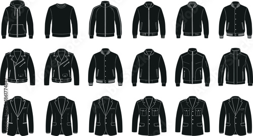 Men jacket silhouette icon set, fashion outerwear collection, hoodie bomber blazer coats, black clothing vector illustration