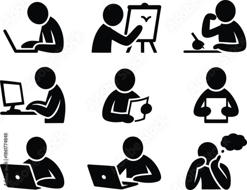 Diverse set of black stick figure icons illustrating different professional and academic tasks