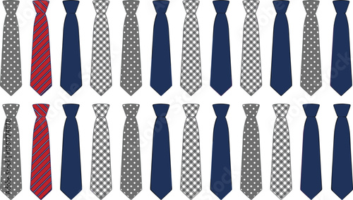 Men necktie pattern collection, classic business ties seamless background, formal fashion accessory design, office style, colorful vector illustration