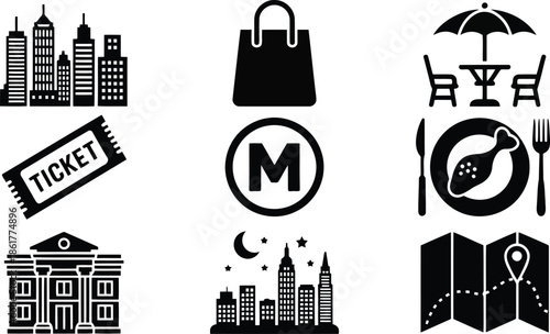Essential black icons illustrating urban lifestyle, shopping, dining, and event ticketing experiences