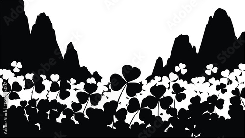 Whimsical shamrock meadow against a dramatic mountain silhouette