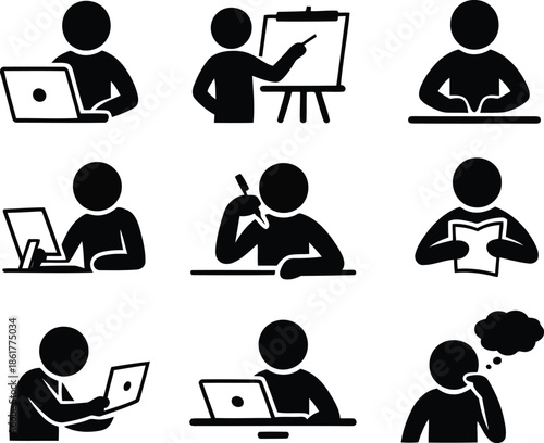 People silhouettes engaged in various activities like typing on laptops, presenting, reading, and thinking