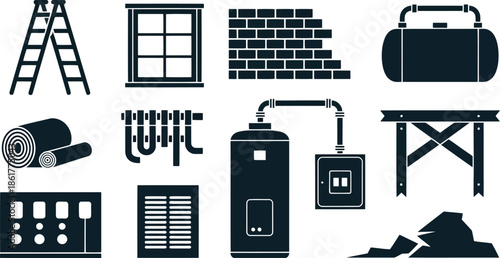 Set of construction and industrial facility equipment outlines presented as dark vector icons