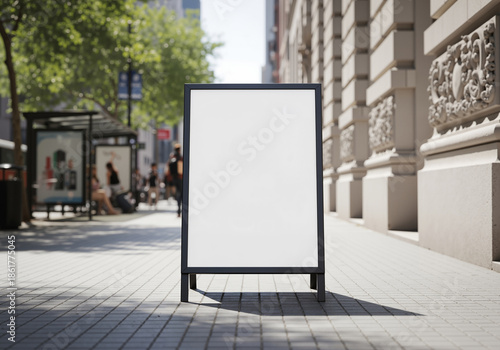 Blank sandwich board mockup on a city sidewalk for outdoor advertising and promotions in an urban setting.
