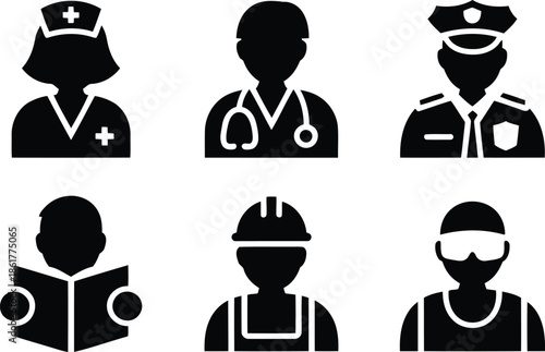 Silhouetted black icons depicting essential workers and students in various professional fields