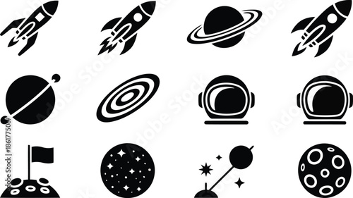 Set of sleek black and white space themed icons including rockets, planets, and cosmic elements