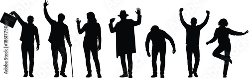 Black silhouettes of diverse people in various poses including waving hands holding briefcase and cheering isolated on a white background