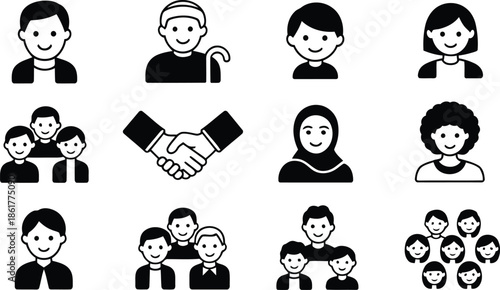 Simple black and white vector icons representing diverse people and social interactions