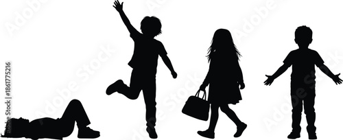 Black silhouettes of happy children in diverse playful poses including jumping walking and lying down isolated on a white background