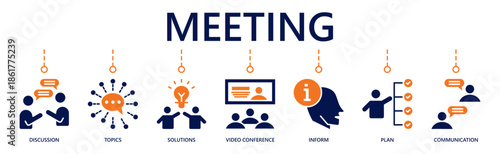 Meeting web banner icon vector illustration for business discussion, information sharing, problem solving, decision making, and idea exchange.