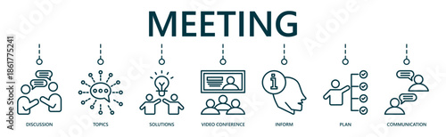 Meeting web banner icon vector illustration for business discussion, information sharing, problem solving, decision making, and idea exchange.