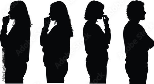 Black silhouettes of people in side profile showing three women and one man standing in pensive poses on white background