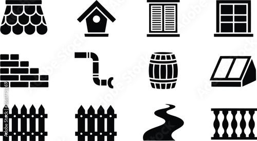 Various architectural elements and residential outdoor features displayed as clean black silhouette icons