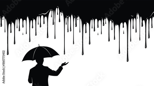 Conceptual silhouette of a person with an umbrella under dripping black paint representing depression protection and crisis on white background