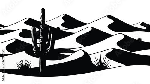 Solitary saguaro cactus stands tall against dramatic desert sand dunes under a stark sky.