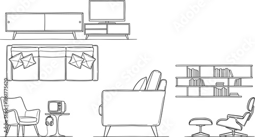 Modern living room furniture line art illustration, minimalist interior design elements, sofa armchair television bookshelf, architectural vector outline drawing