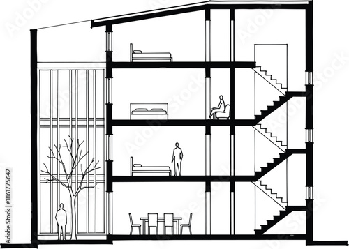 Modern residential building section drawing, architectural cross section illustration, multi storey house interior, stairs atrium tree, vector line art design