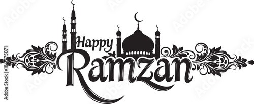 Happy Ramzan Greeting with Mosque Silhouette and Ornate Design, Isolated on White Vector Illustration