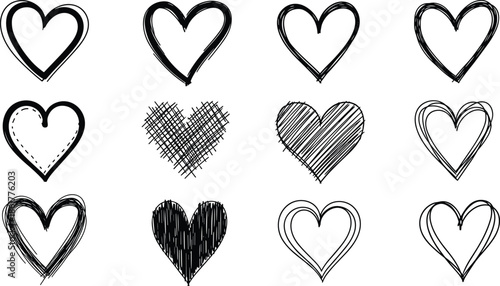 Black hand drawn heart doodle set, sketchy love icons with rough outline and textured styles