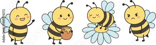Cute cartoon bee characters set, happy honey bee illustrations with different expressions, kawaii insect art for kids, isolated white background