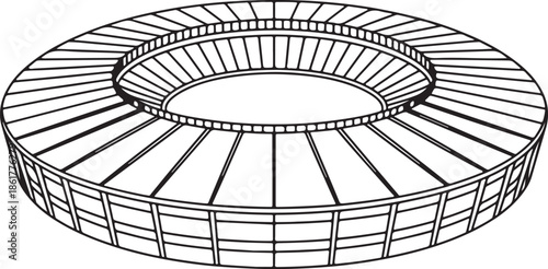 Football stadium outline vector illustration with modern arena architecture, top perspective line art design in black and white