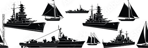 Naval ship and sailboat silhouettes set, warship fleet, sailing yacht icons, maritime transport, sea vessel black vector illustration