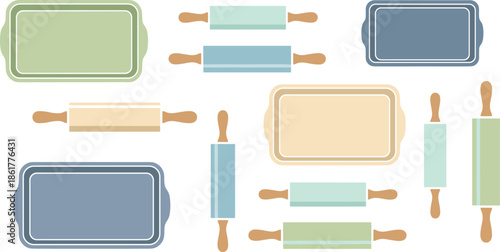 Flat kitchen baking tools illustration set, rolling pins and trays in pastel colors vector collection