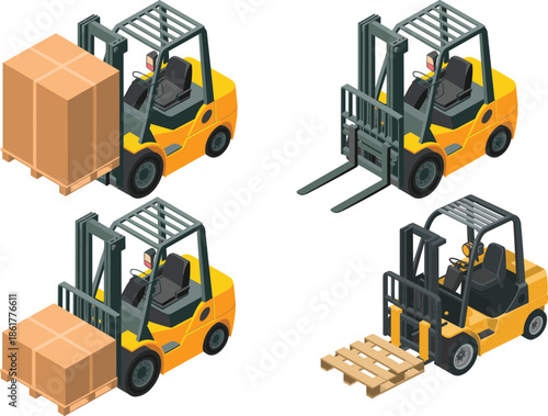 Forklift truck operations set, warehouse logistics vehicles lifting boxes pallets industrial transport isometric illustration