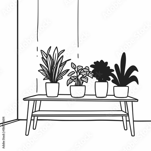 Four potted plants on a coffee table