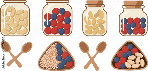 Granola and cereal ingredients set, glass jars with nuts berries and bowls with wooden spoons illustration