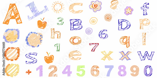 Colorful hand drawn letters numbers and playful doodles on a white background
