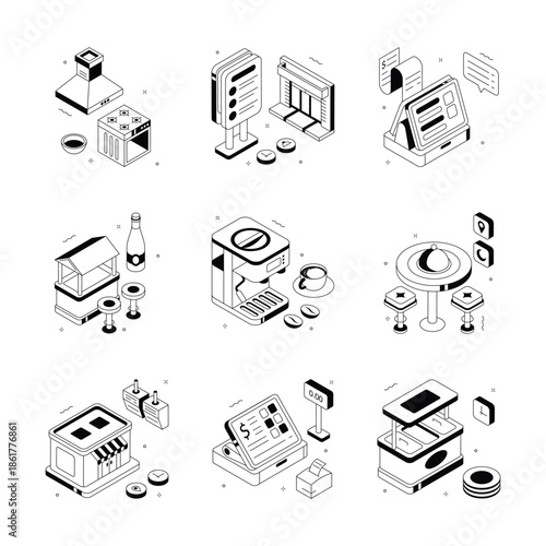 A trendy isometric illustrations of restaurant in modern style