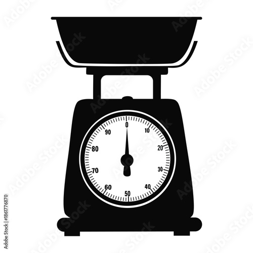 Vintage-style kitchen scale silhouette with an analog dial and top weighing bowl for cooking measurements food nutrition and bakery graphics