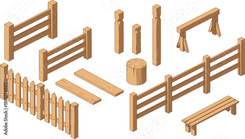 Isometric wooden fence construction assets set, farm rustic wood elements planks posts benches illustration