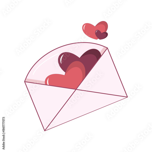 Cute pastel illustration of an open envelope filled with hearts. Romantic love message concept in flat cartoon style, perfect for Valentine themes, isolated on white background.