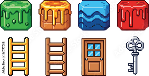Pixel art game asset icons set, platformer level objects blocks ladders door key retro style