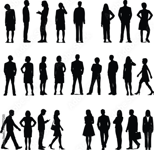 Business people silhouettes standing collection, professional men women corporate team diversity poses, black vector illustration isolated white background studio design
