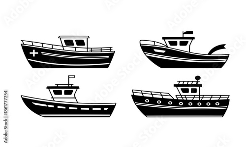 Set of Black Silhouette Icons Featuring Various Fishing Boats and Trawlers in Different Styles and Angles, Minimalist Commercial Fishing Vessel Illustrations