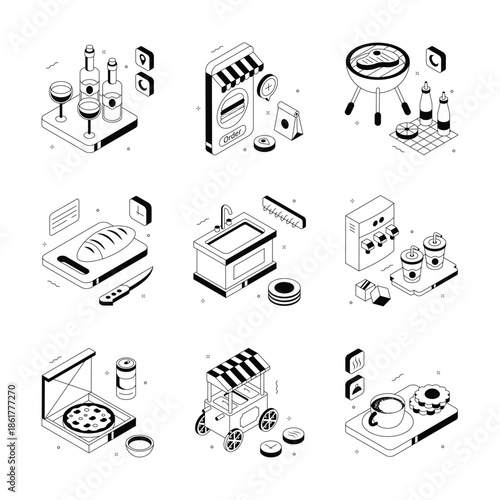 Have your hands on this amazing set of restaurant and food service isometric illustrations