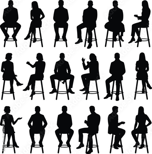 Business people silhouettes sitting on stools, diverse men and women poses, interview discussion concept, studio lighting, isolated black vector